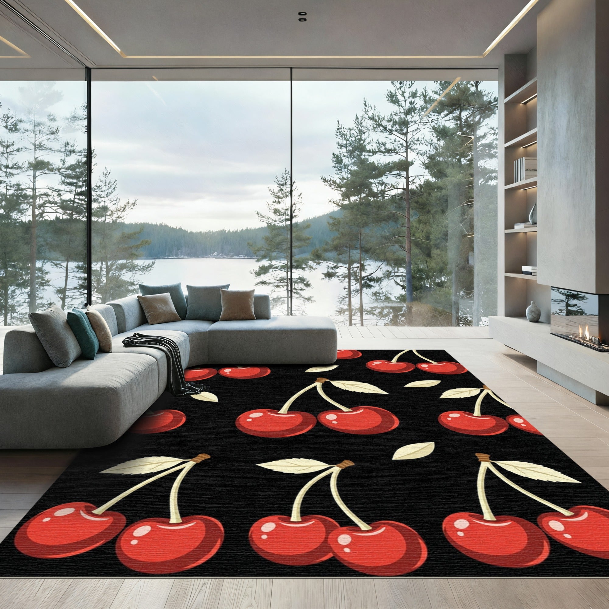 Playful Red Cherry Fruit Illustration Rug