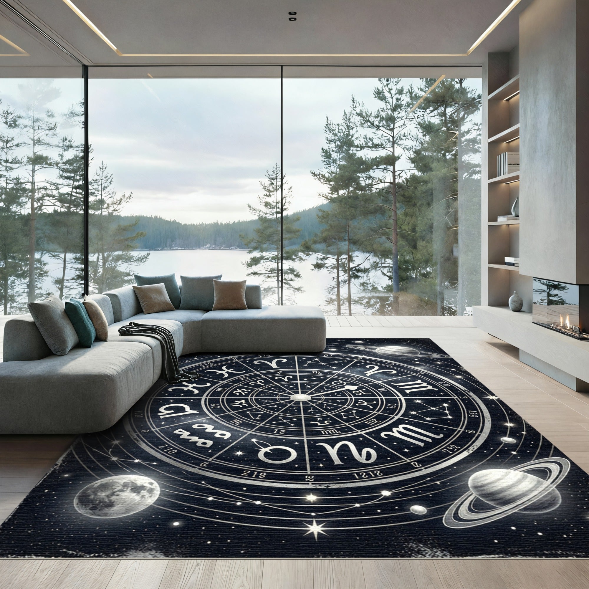 Celestial Silver Zodiac Constellation Art Rug