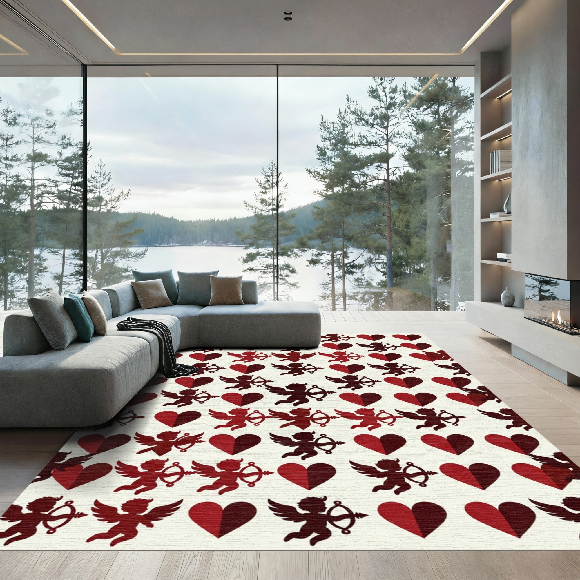 Deep Red Cupid Heart Pattern Rug