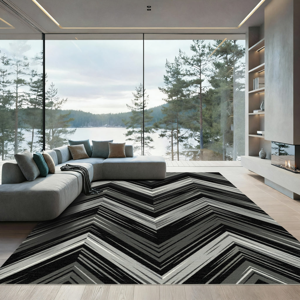 Monochrome Sharp Chevron Jagged Lines Rug