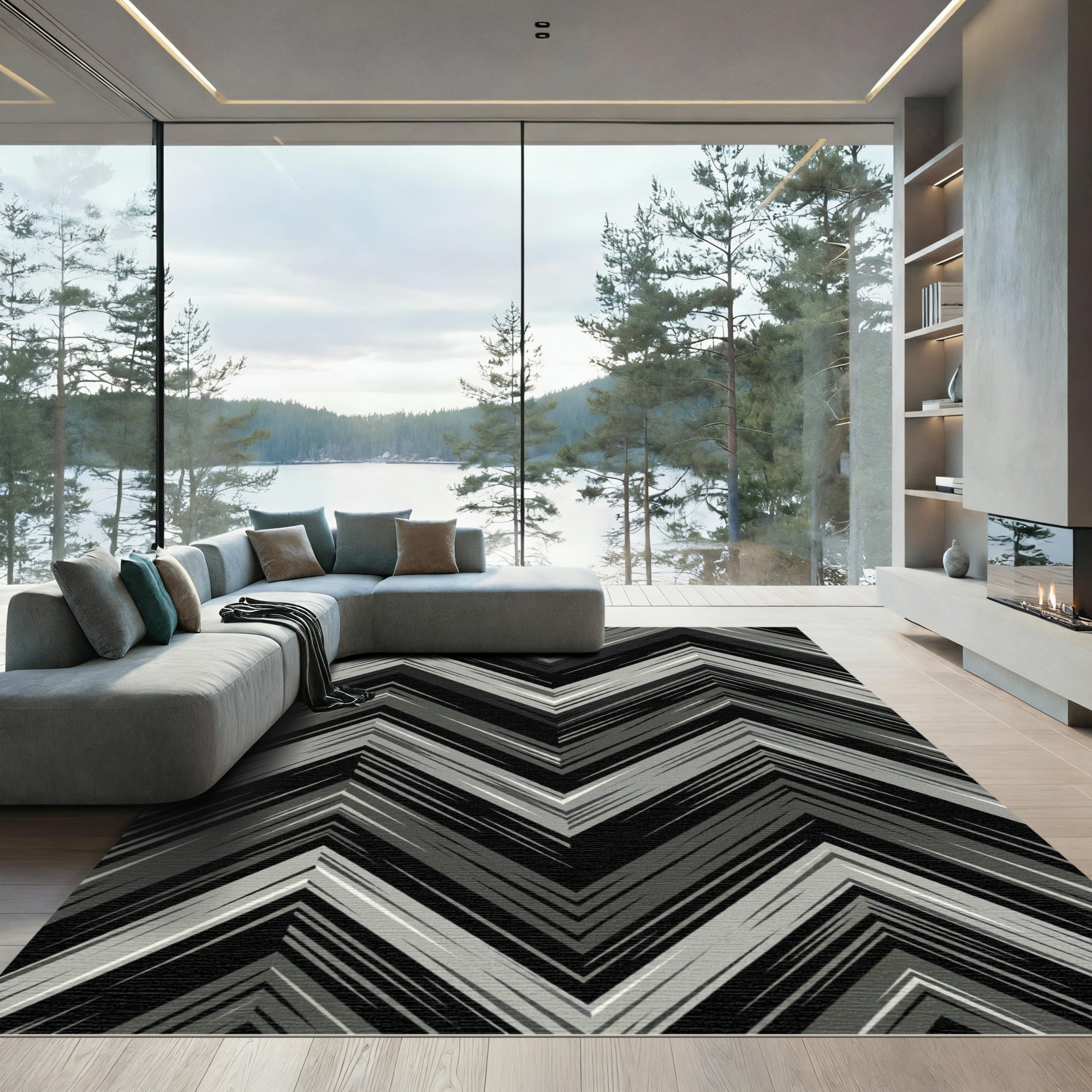 Monochrome Sharp Chevron Jagged Lines Rug