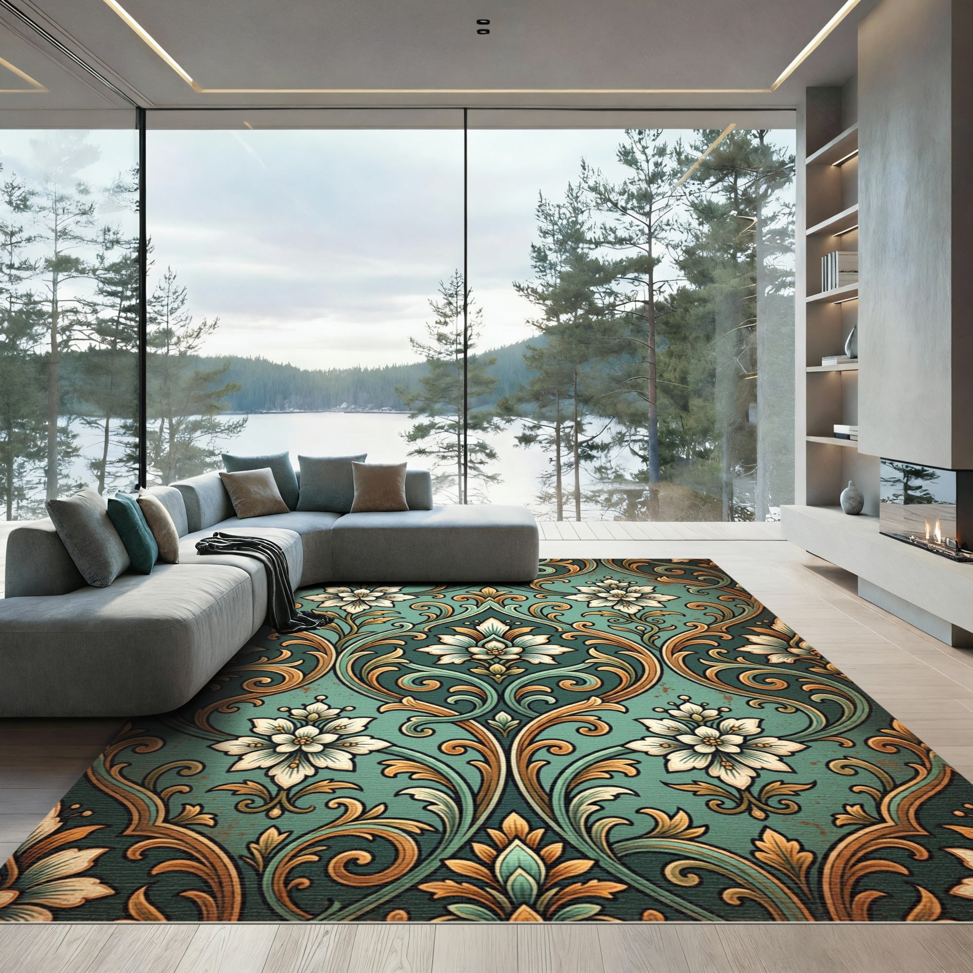 Ornate Damask Teal and Gold Floret Rug