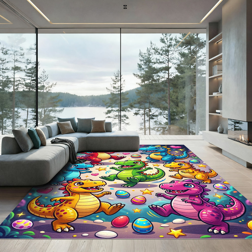 Whimsical Colorful Dinosaur Party with Stars Rug