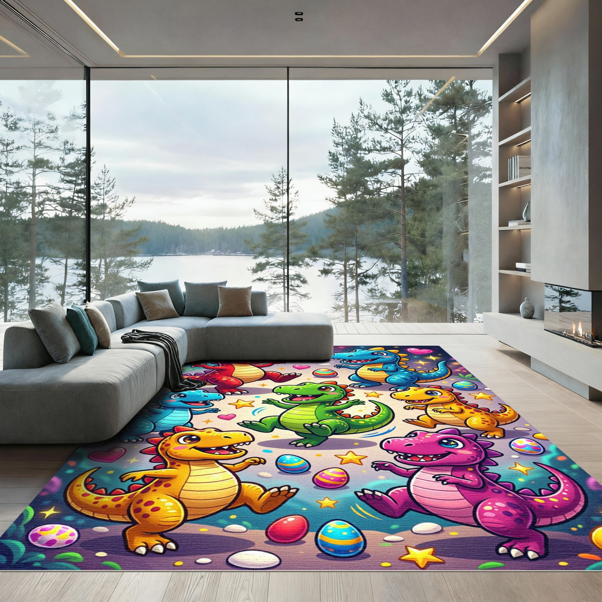 Whimsical Colorful Dinosaur Party with Stars Rug