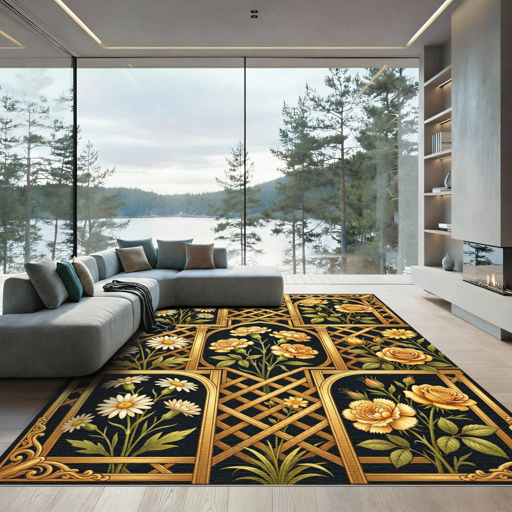 Golden Floral Lattice Garden Art Rug