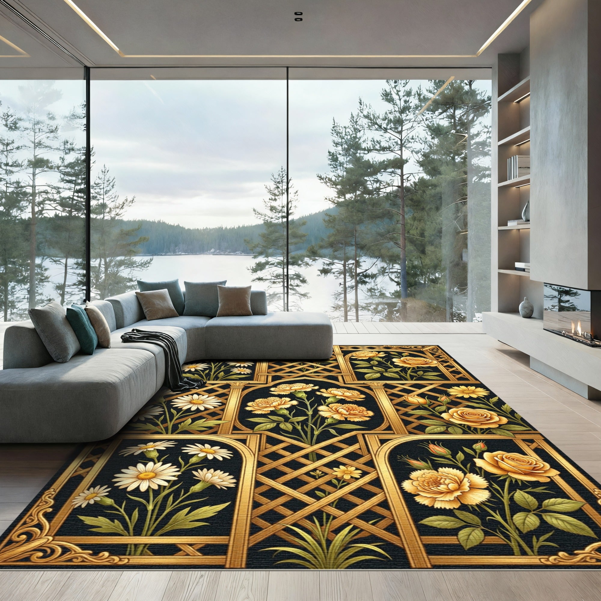 Golden Floral Lattice Garden Art Rug
