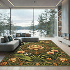 Earthy Gold Lotus Orchid Botanical Tapestry Rug
