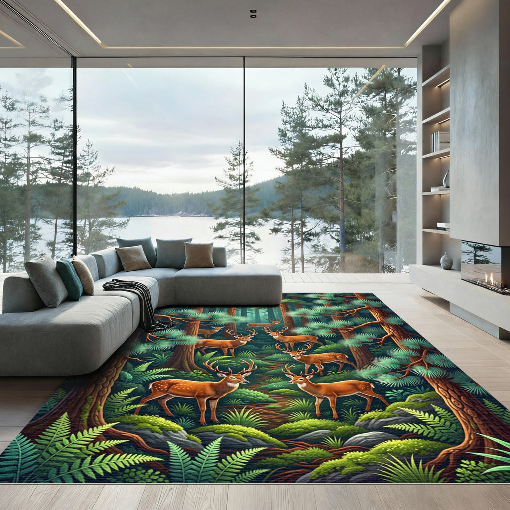 Enchanted Forest Deer Pine Woodland Rug