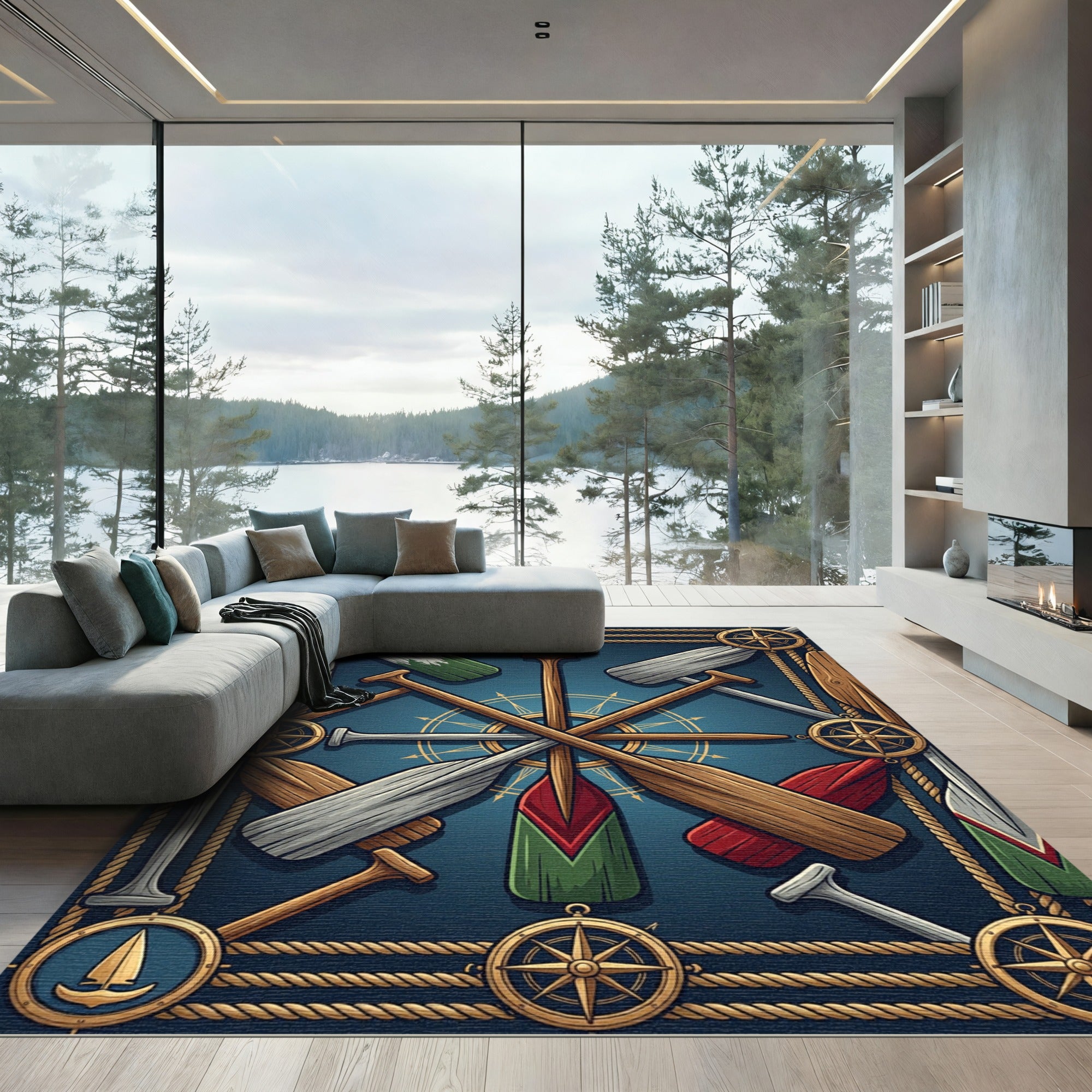 Nautical Compass Oar Navy Maritime Art Rug