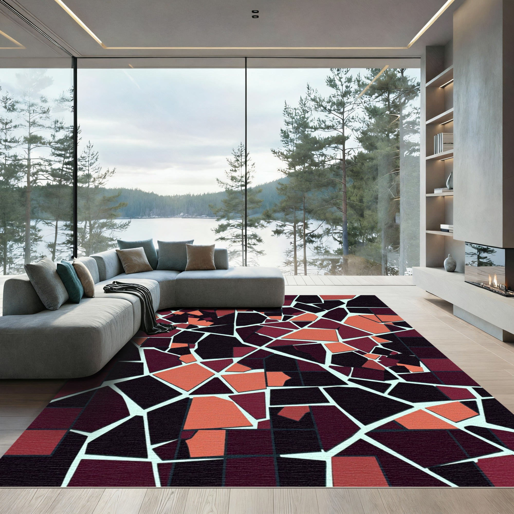 Abstract Geometric Maroon and Coral Mosaic Rug
