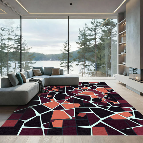 Abstract Geometric Maroon and Coral Mosaic Rug