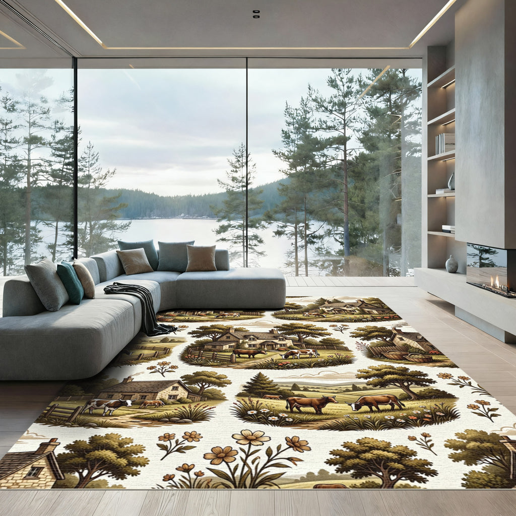 Country Farmhouse Scenic Village Scene Rug