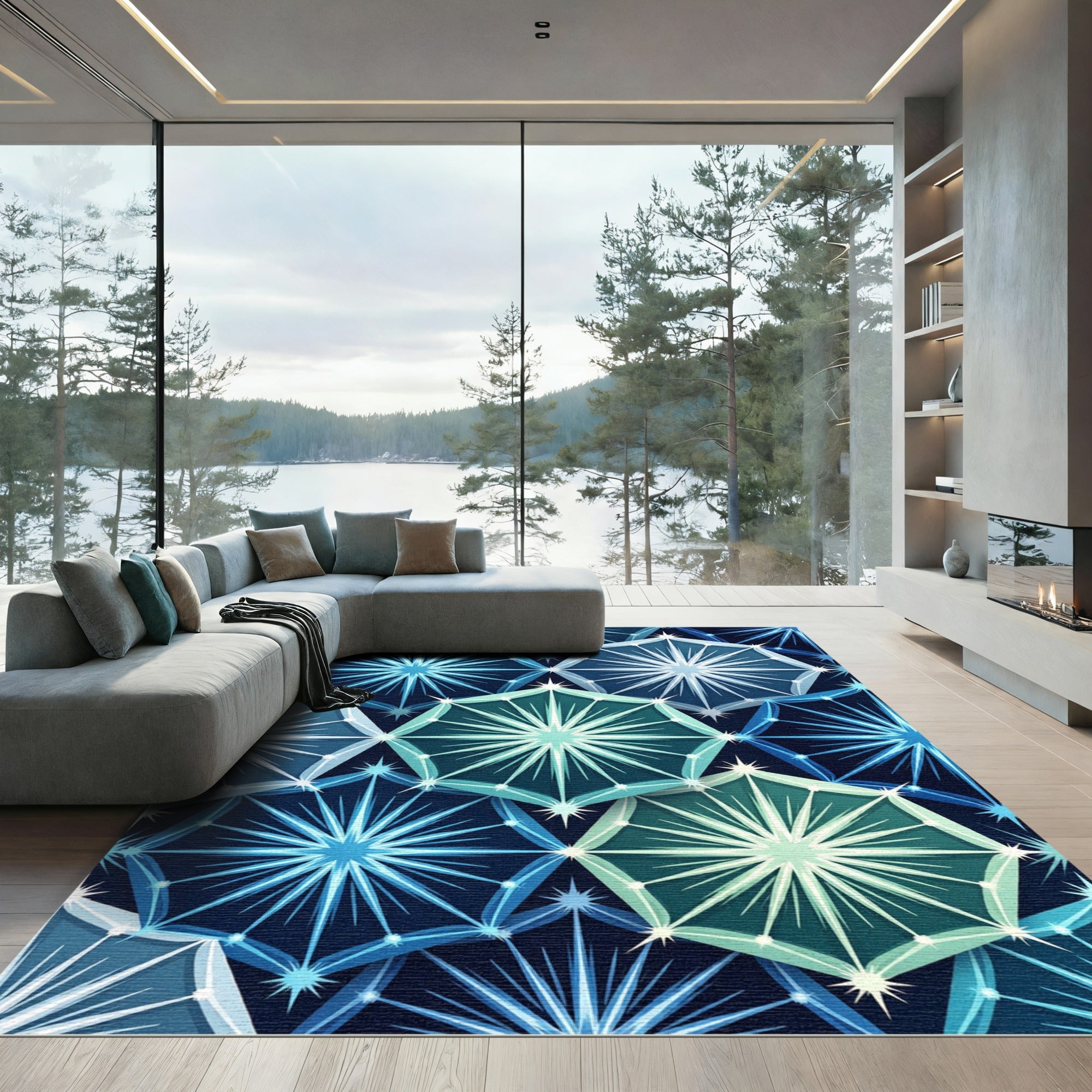 Cool Blue Starburst Geometric Rug
