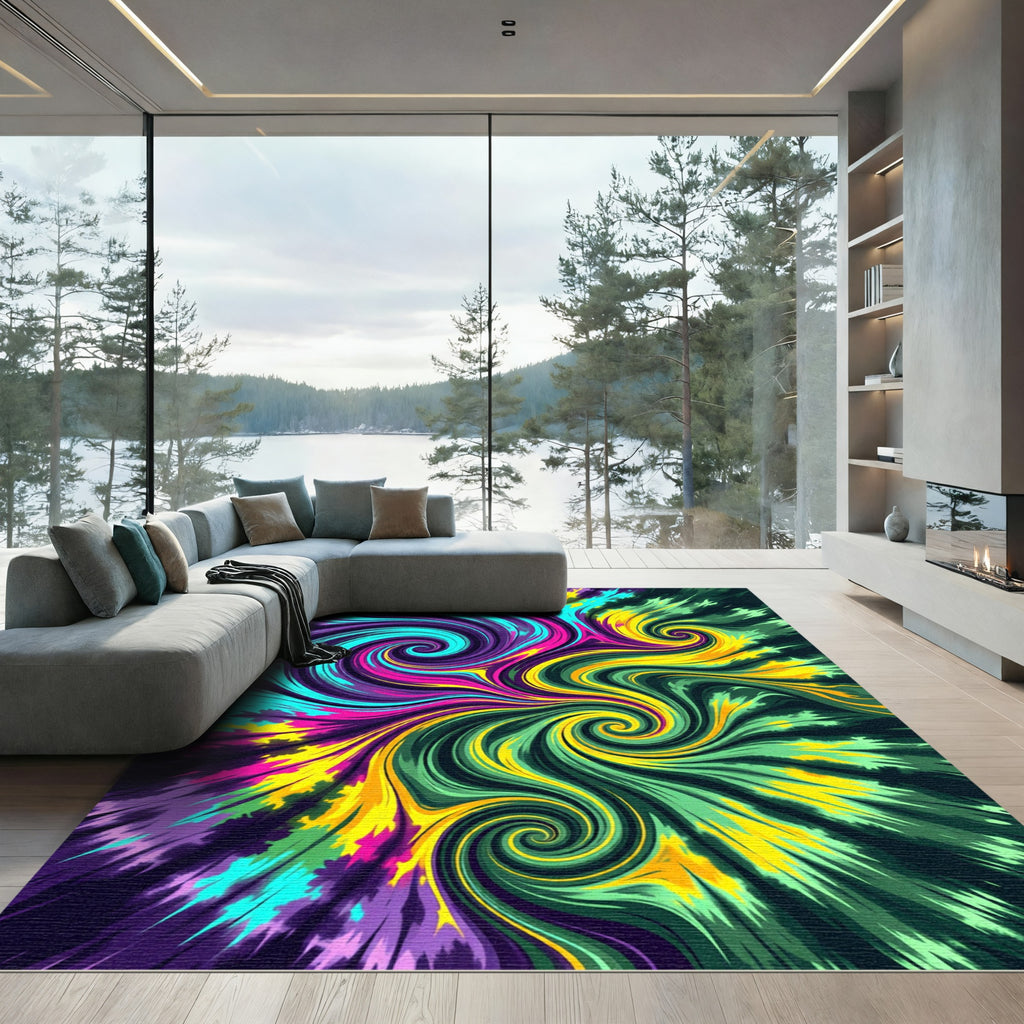Vibrant Neon Swirl Psychedelic Abstract Art Rug
