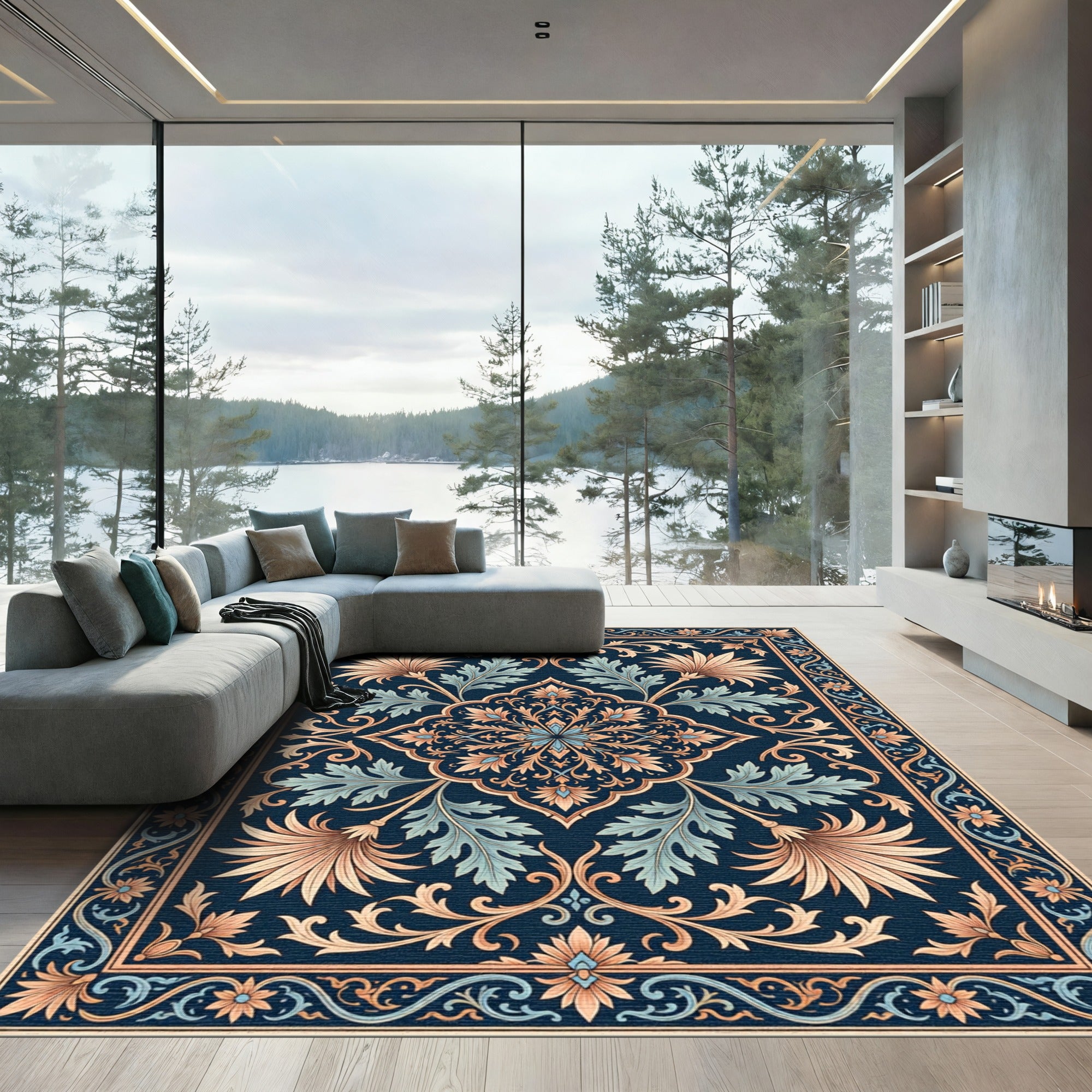 Navy Blue Floral Swirl Inlay Rug