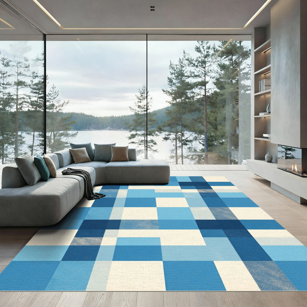 Aqua Blue Gingham Square Grid Rug