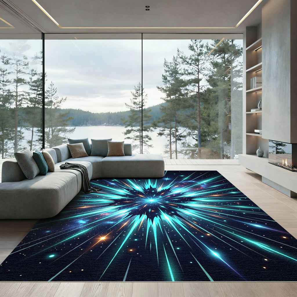 Radiant Teal Cosmic Supernova Burst Rug