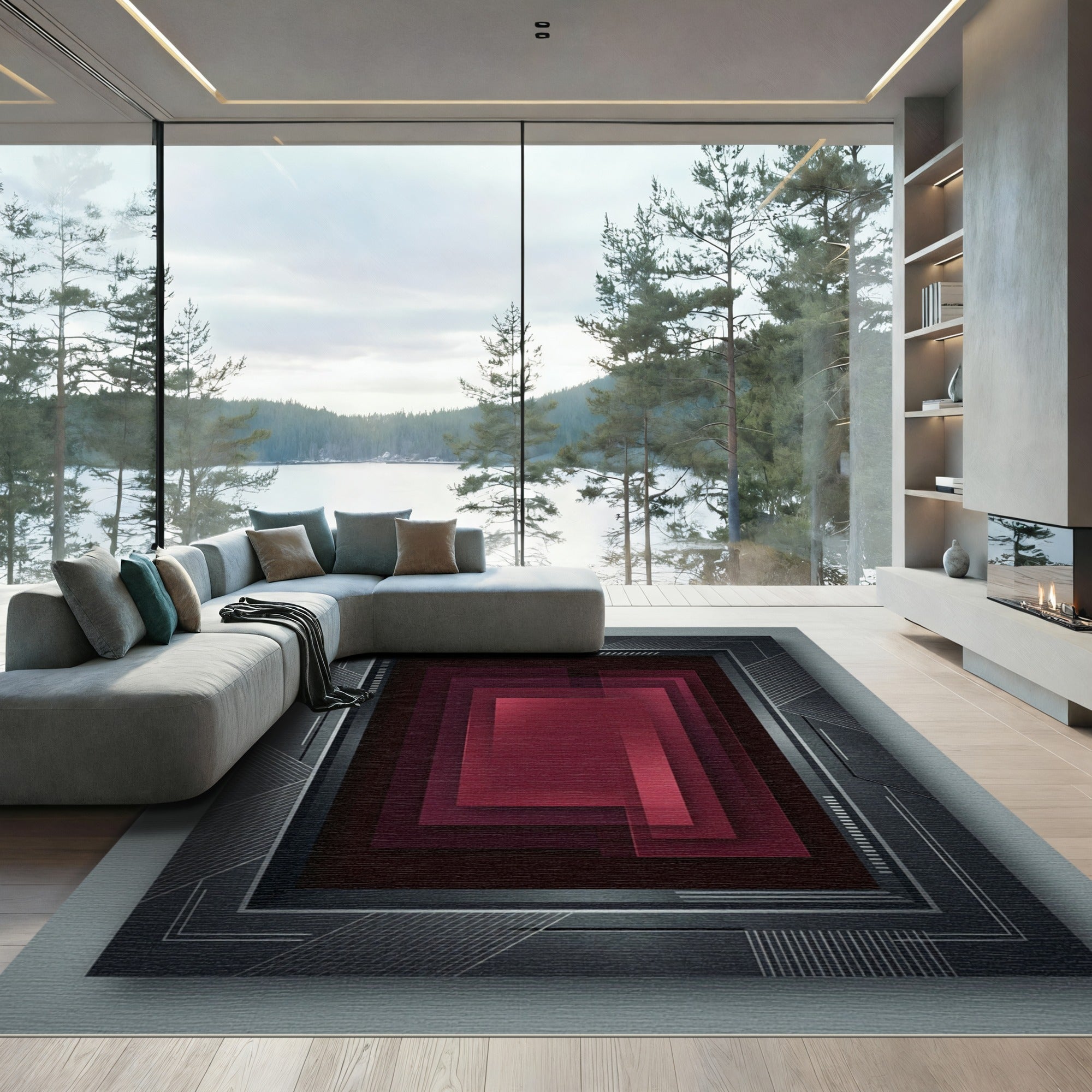 Deep Red Geometric Stack Rug