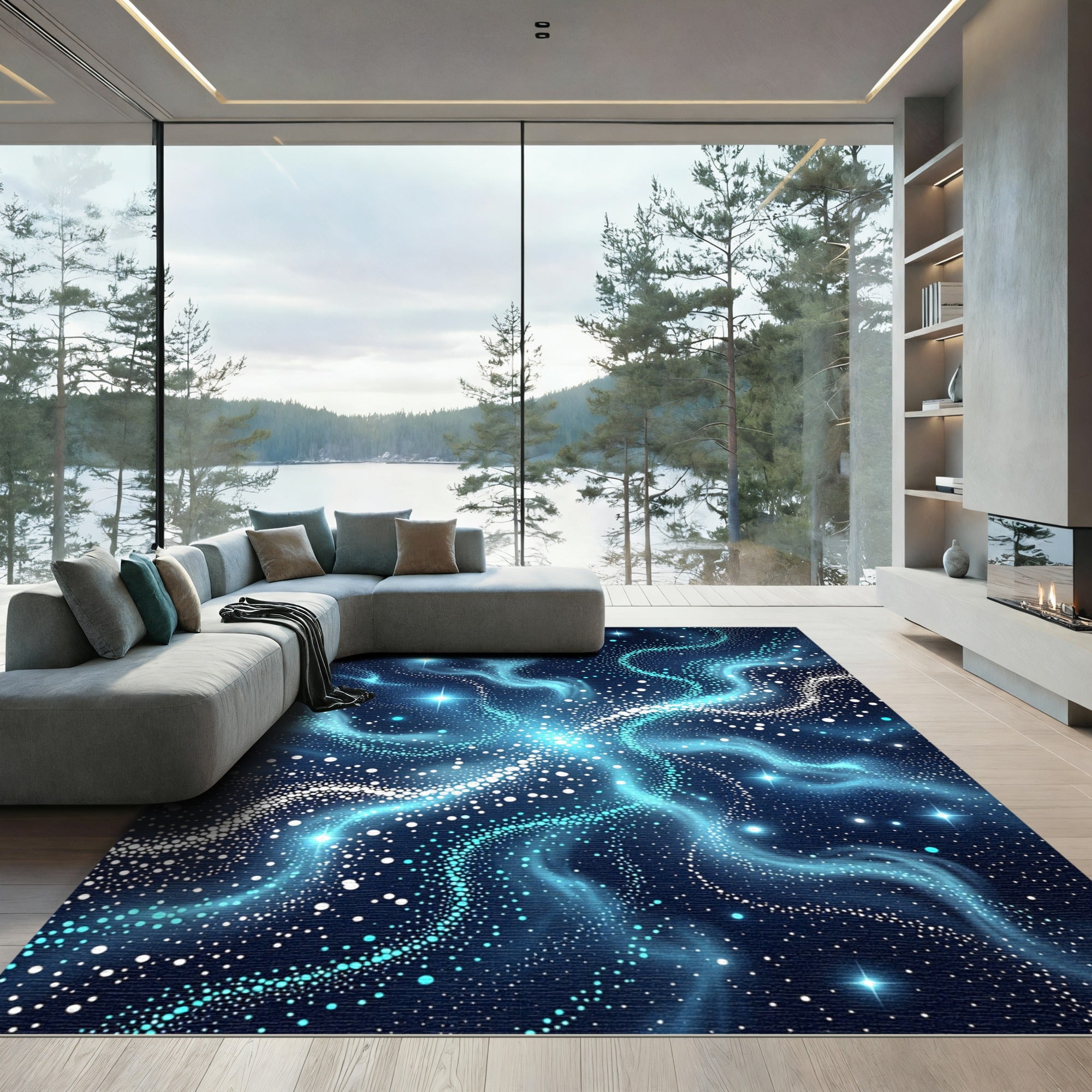 Celestial Blue Swirling Nebula Stars Rug