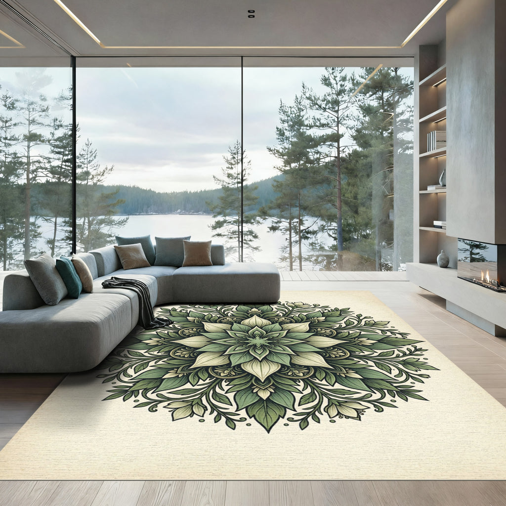 Elegant Emerald Botanical Leaf Mandala Rug
