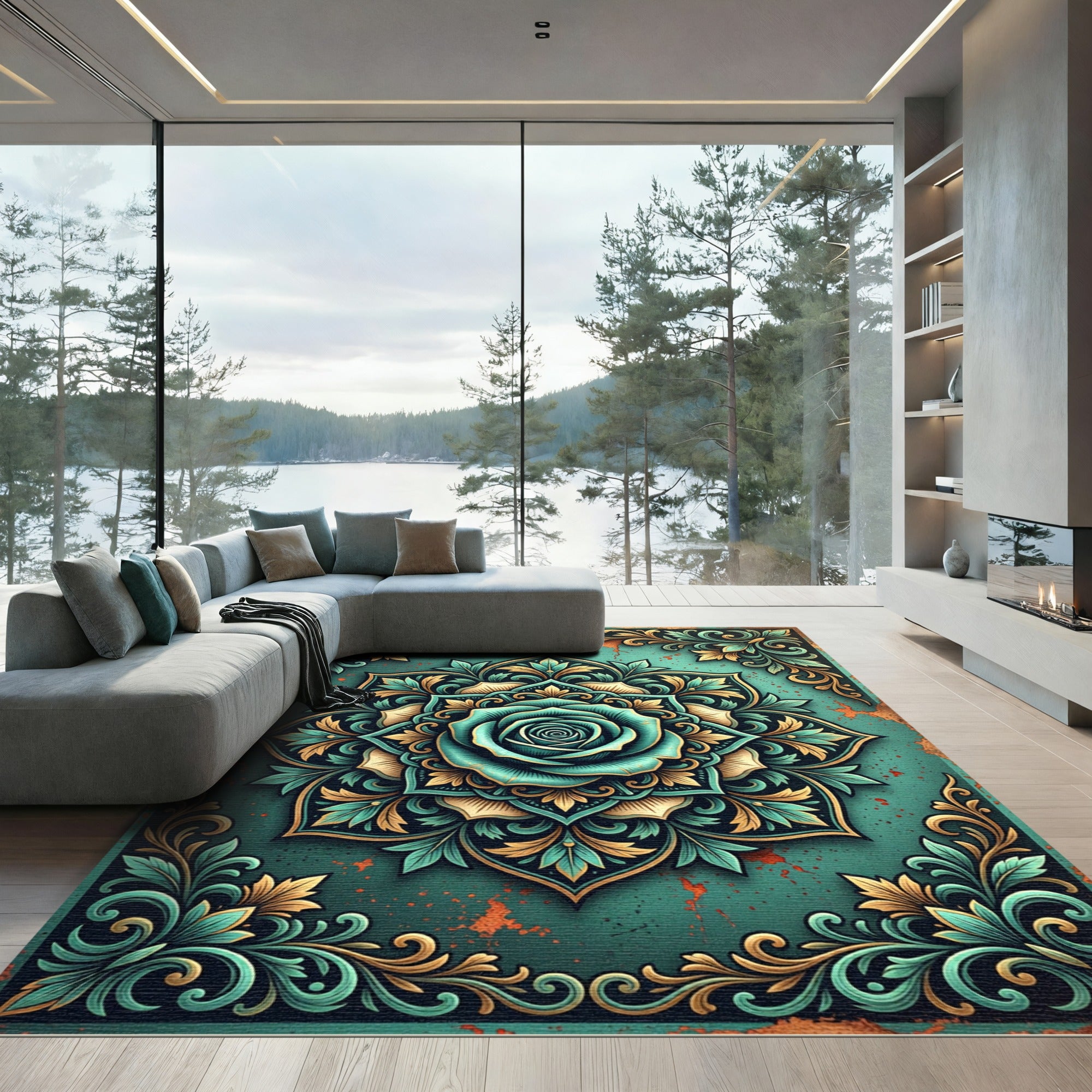 Teal Rose Ornate Floral Medallion Rug