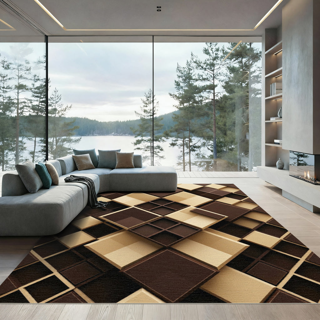 Geometric Espresso and Cream Layered Blocks Rug