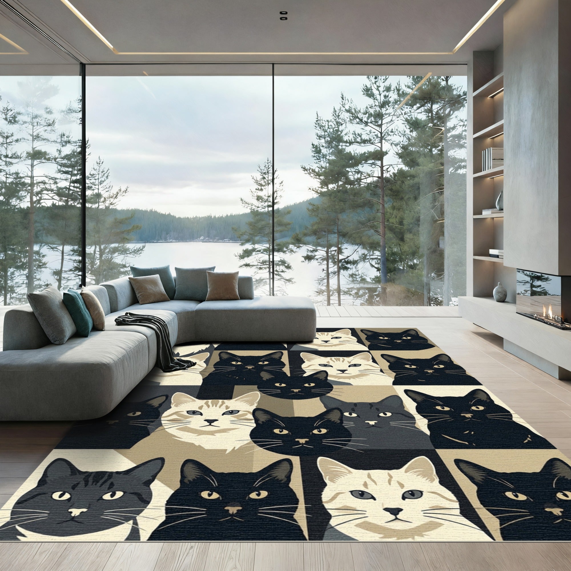 Graphic Monochromatic Cat Grid Art Rug