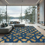 Ornate Navy and Gold Geometric Lattice Rug