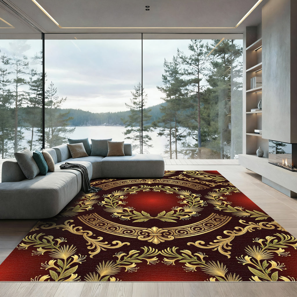 Ornate Crimson Gold Laurel Wreath Rug