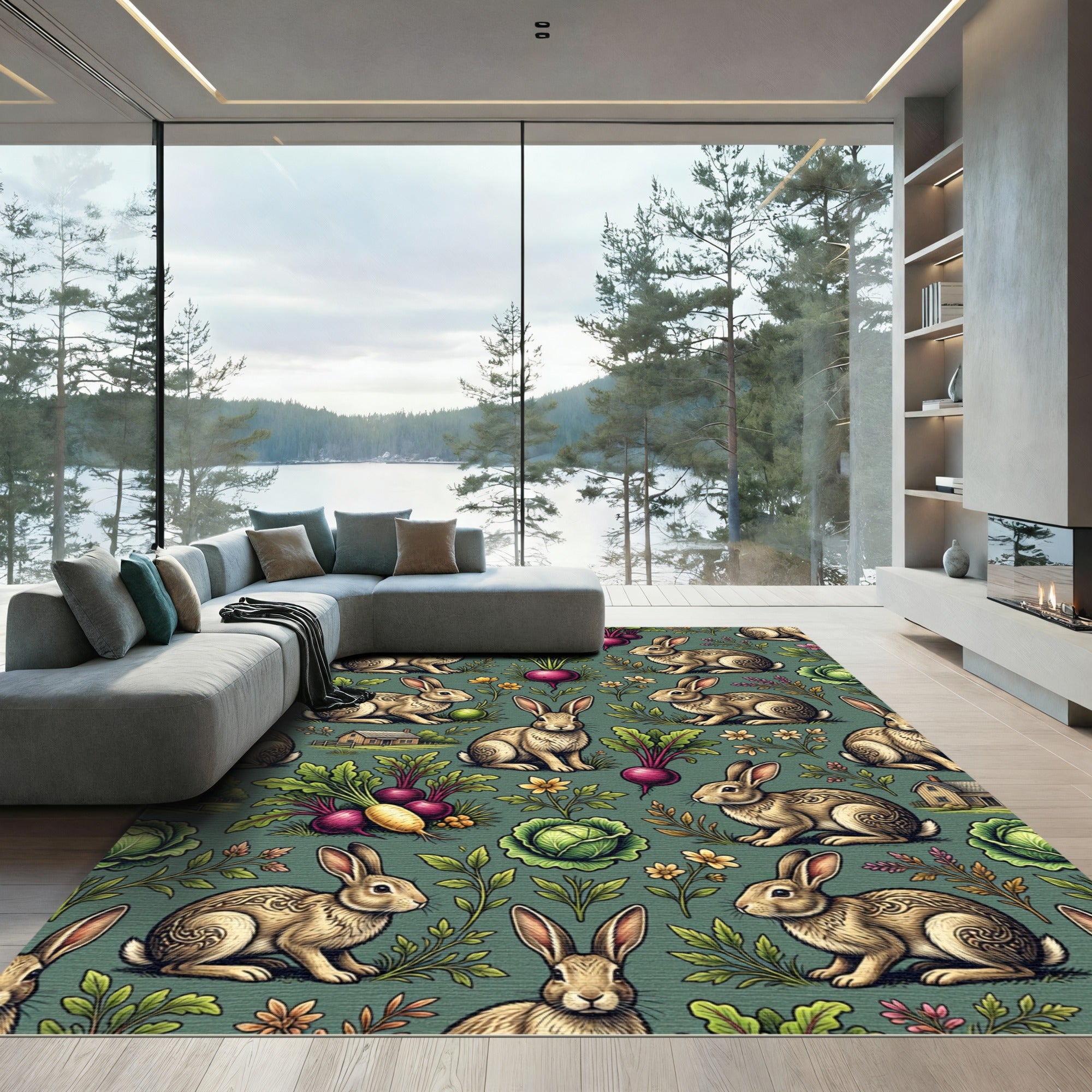 Whimsical Hare and Garden Vegetable Sage Rug