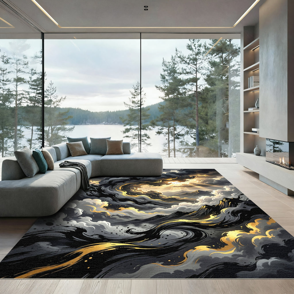 Dramatic Golden Swirl Storm Mountainscape Rug