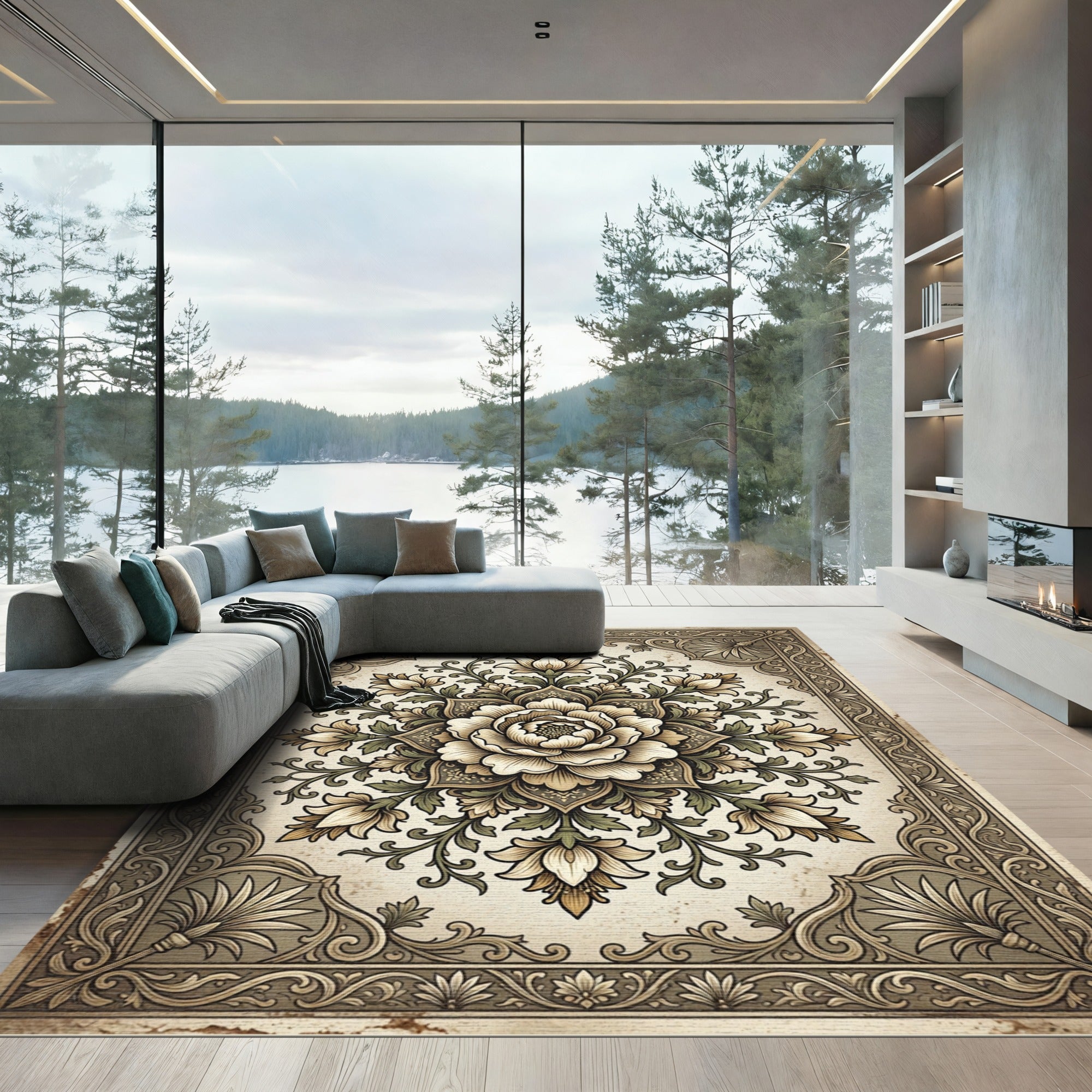Vintage Floral Medallion Border Rug