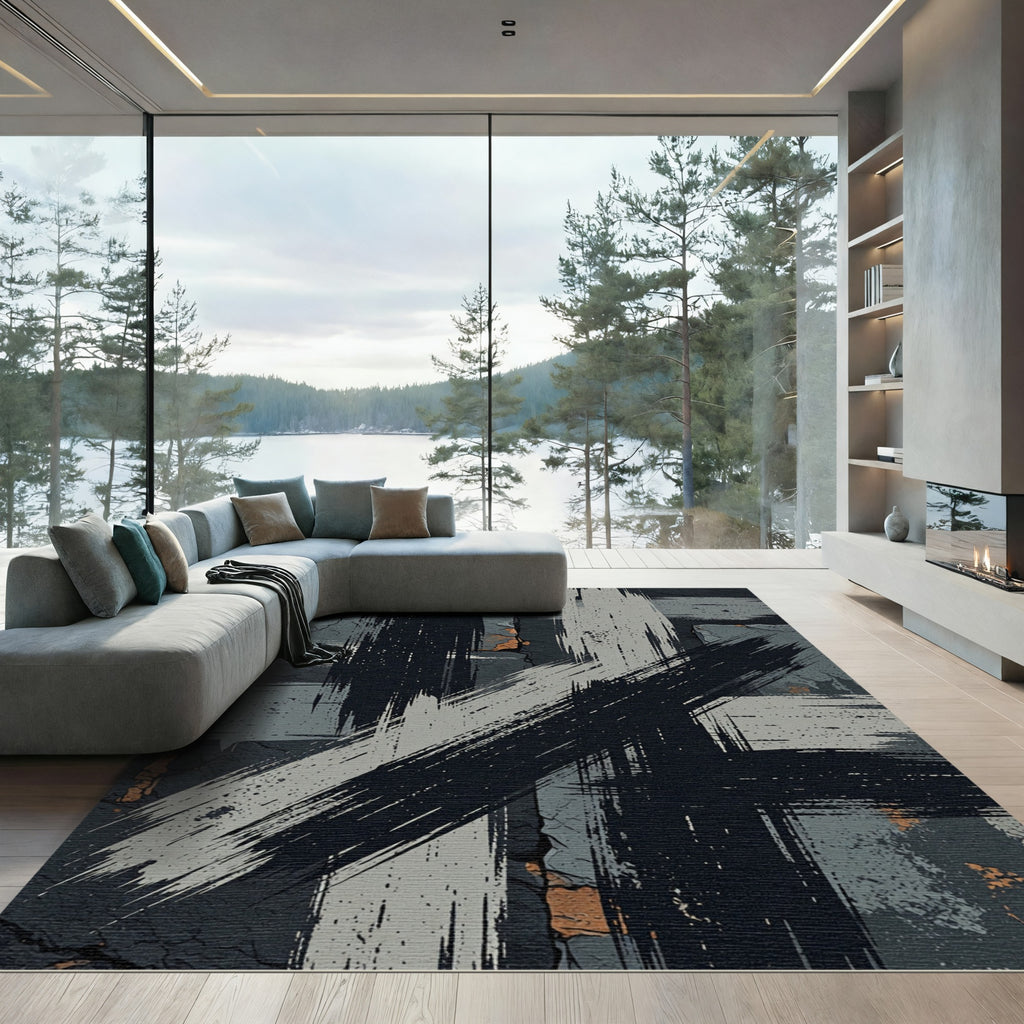 Bold Charcoal Abstract Brush Stroke Rug