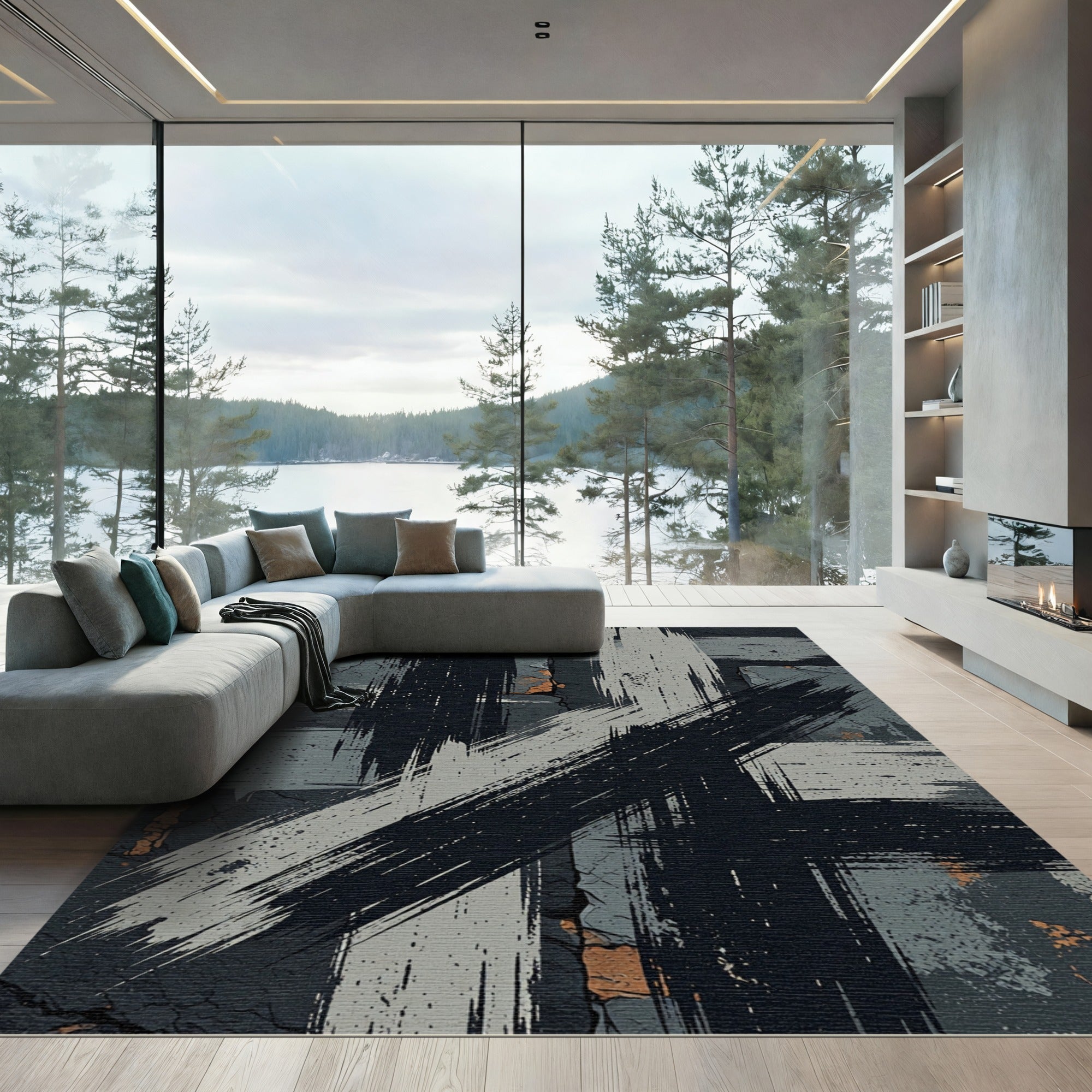 Bold Charcoal Abstract Brush Stroke Rug