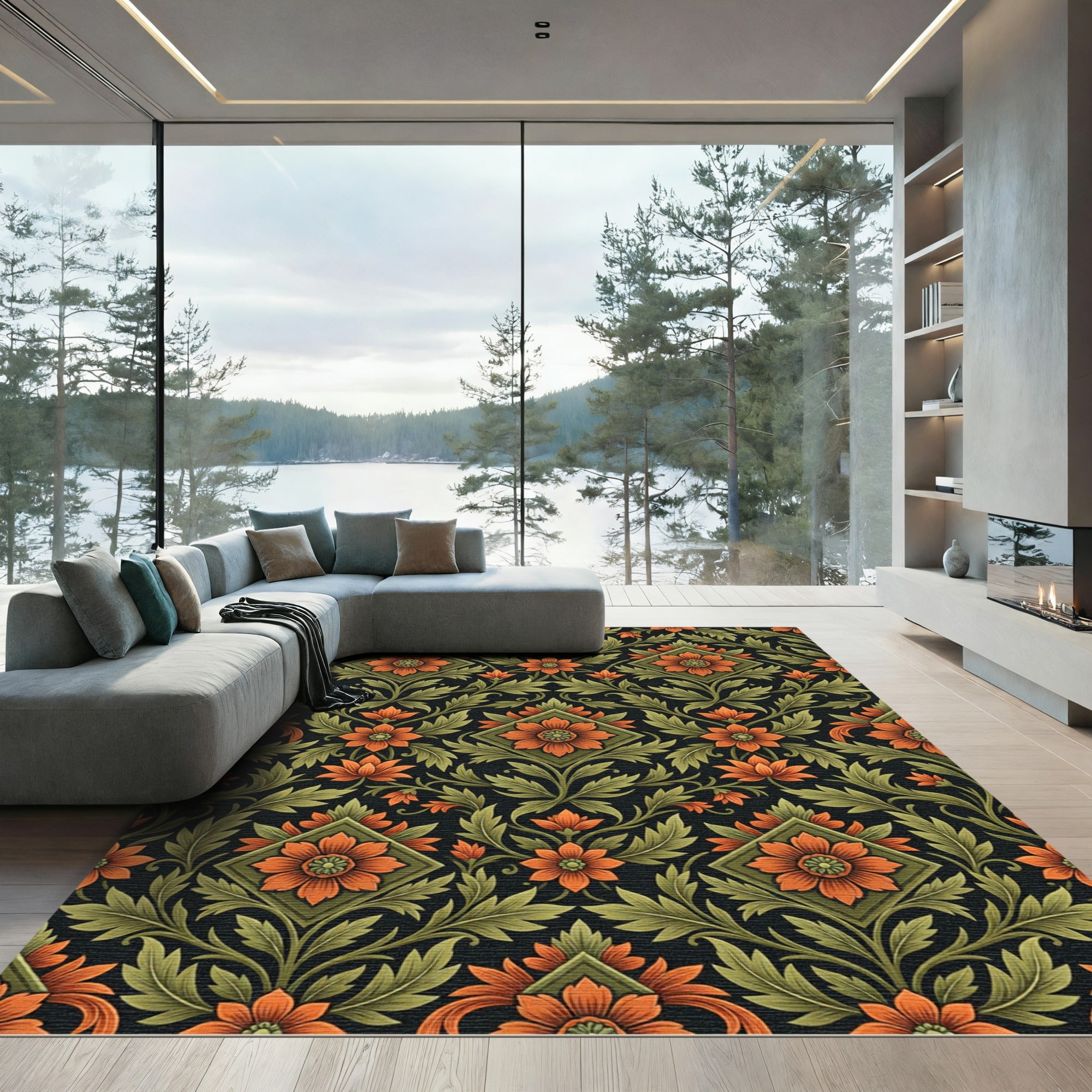 Vintage Orange Floral Square Medallion Rug