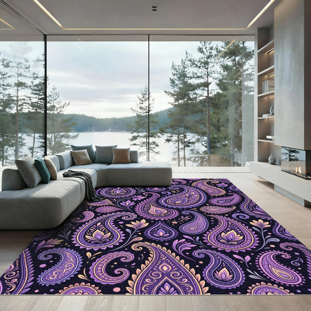 Purple Yellow Paisley Floral Pattern Rug