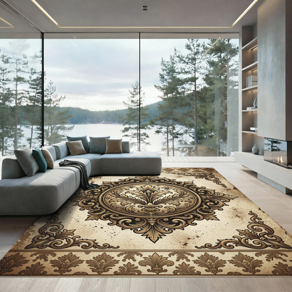 Ornate Antique Gold Fleur Medallion Rug