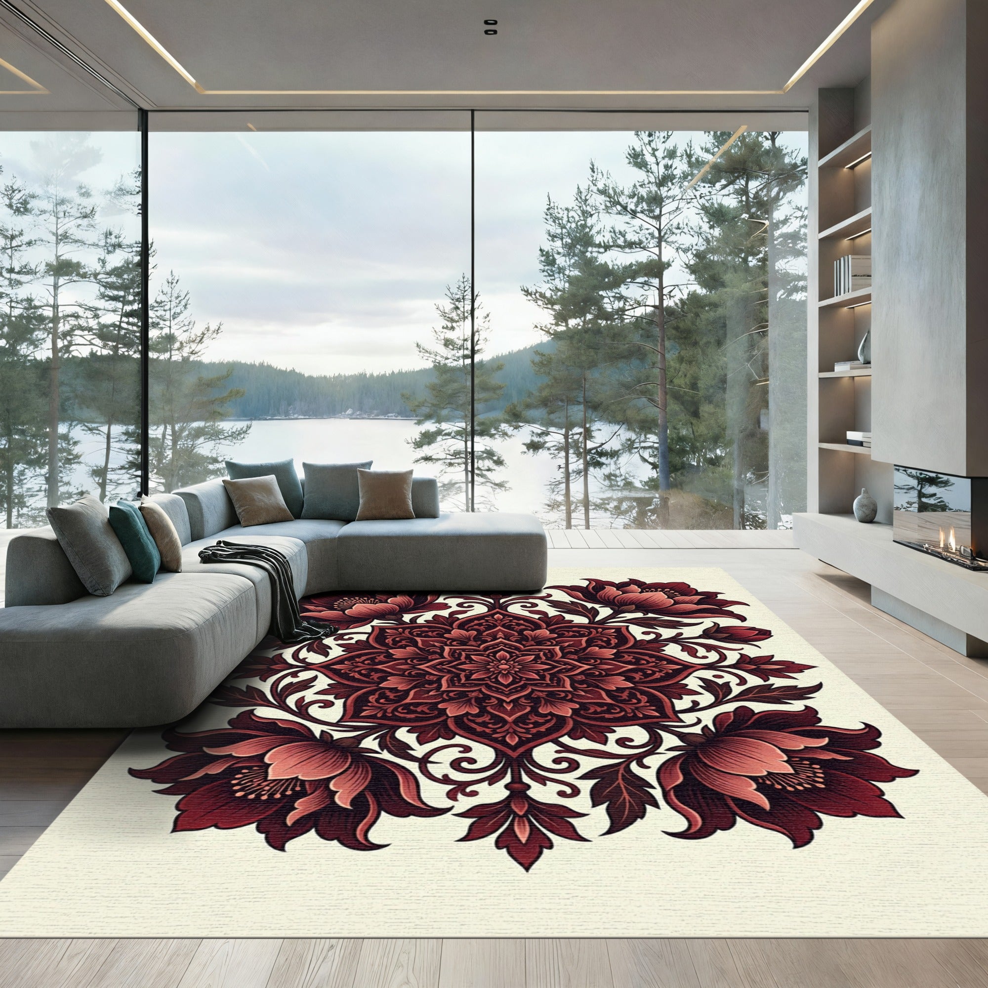 Deep Crimson Floral Mandala Rug