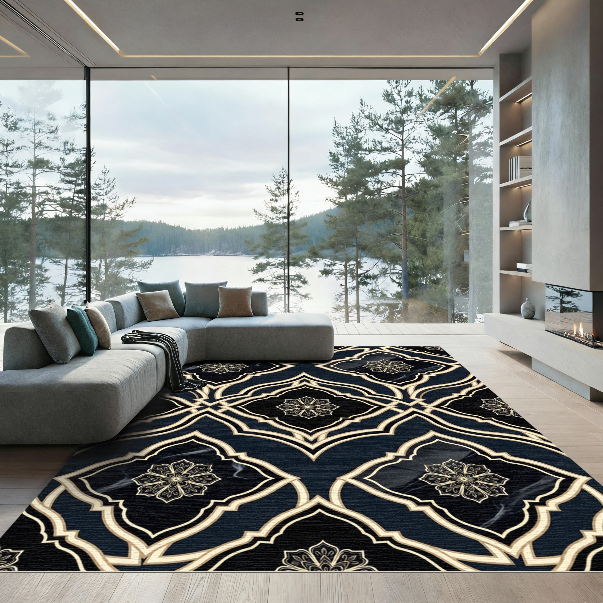 Dark Teal Gold Arabesque Floral Medallion Rug