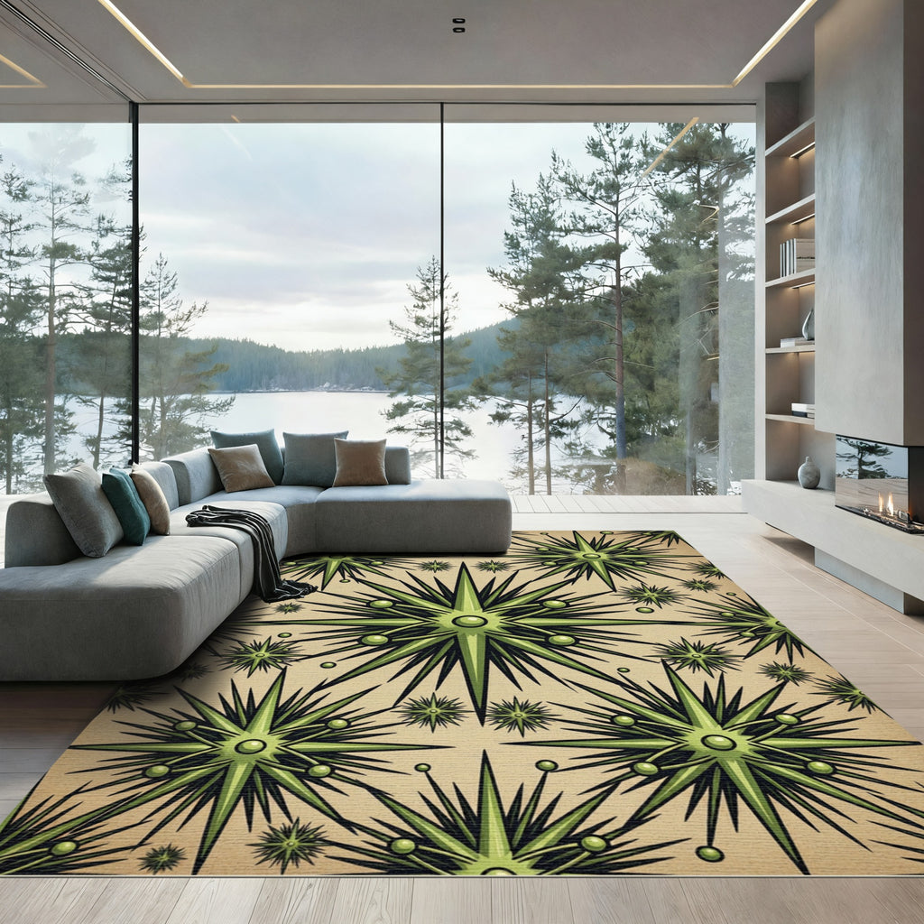 Midcentury Modern Olive Starburst Geometric Rug