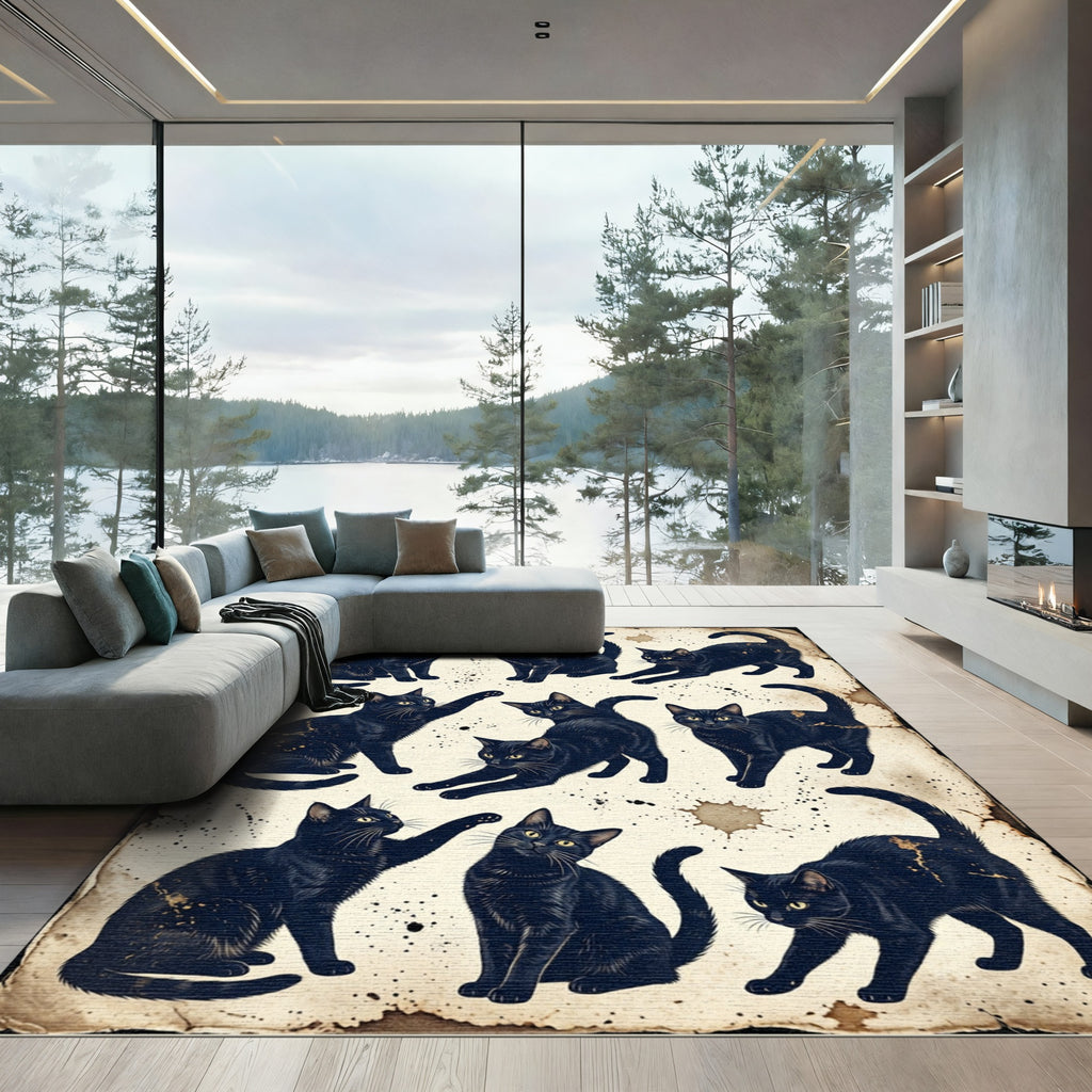 Vintage Black Cat Illustration Sketch Rug
