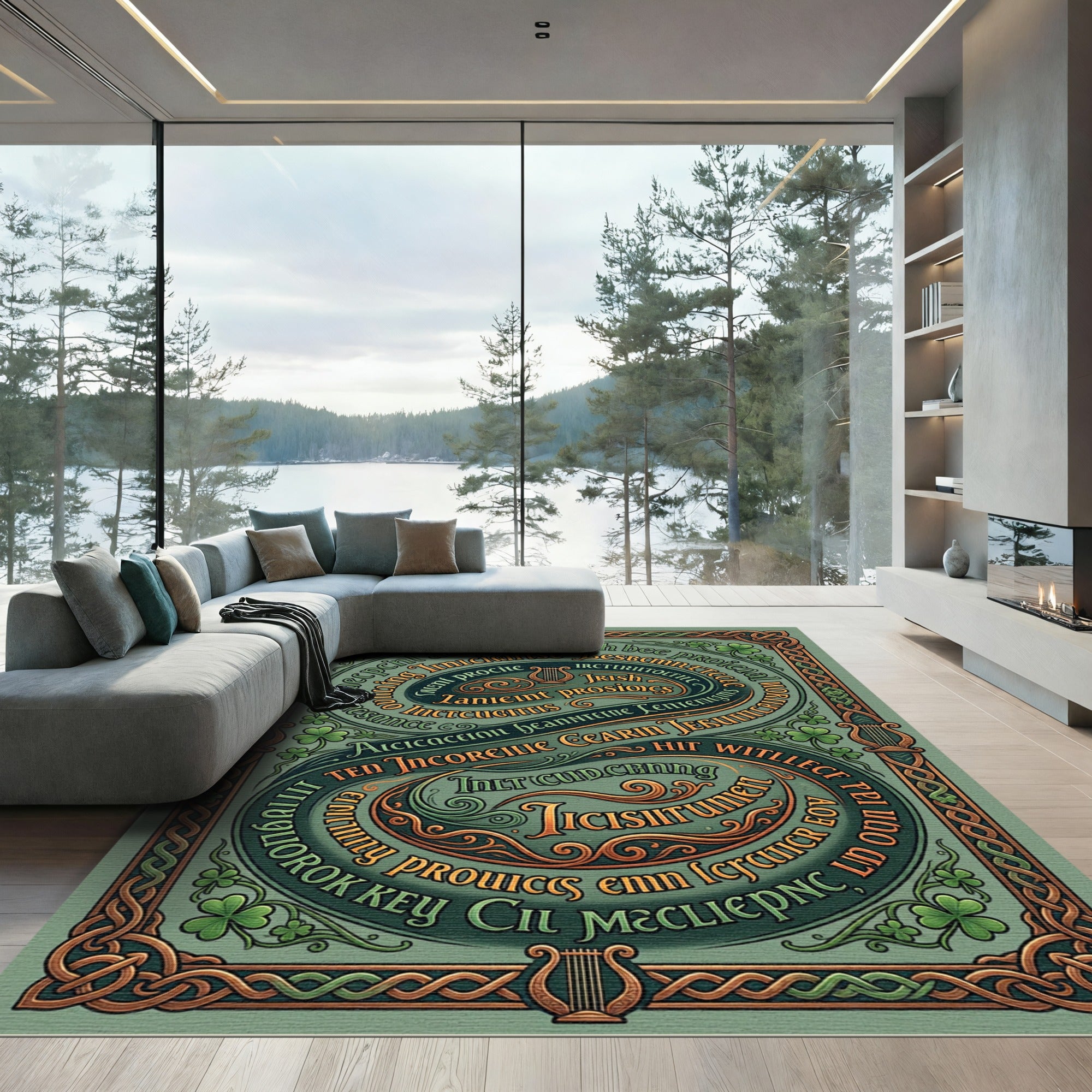 Celtic Shamrock Green Calligraphy Harp Rug