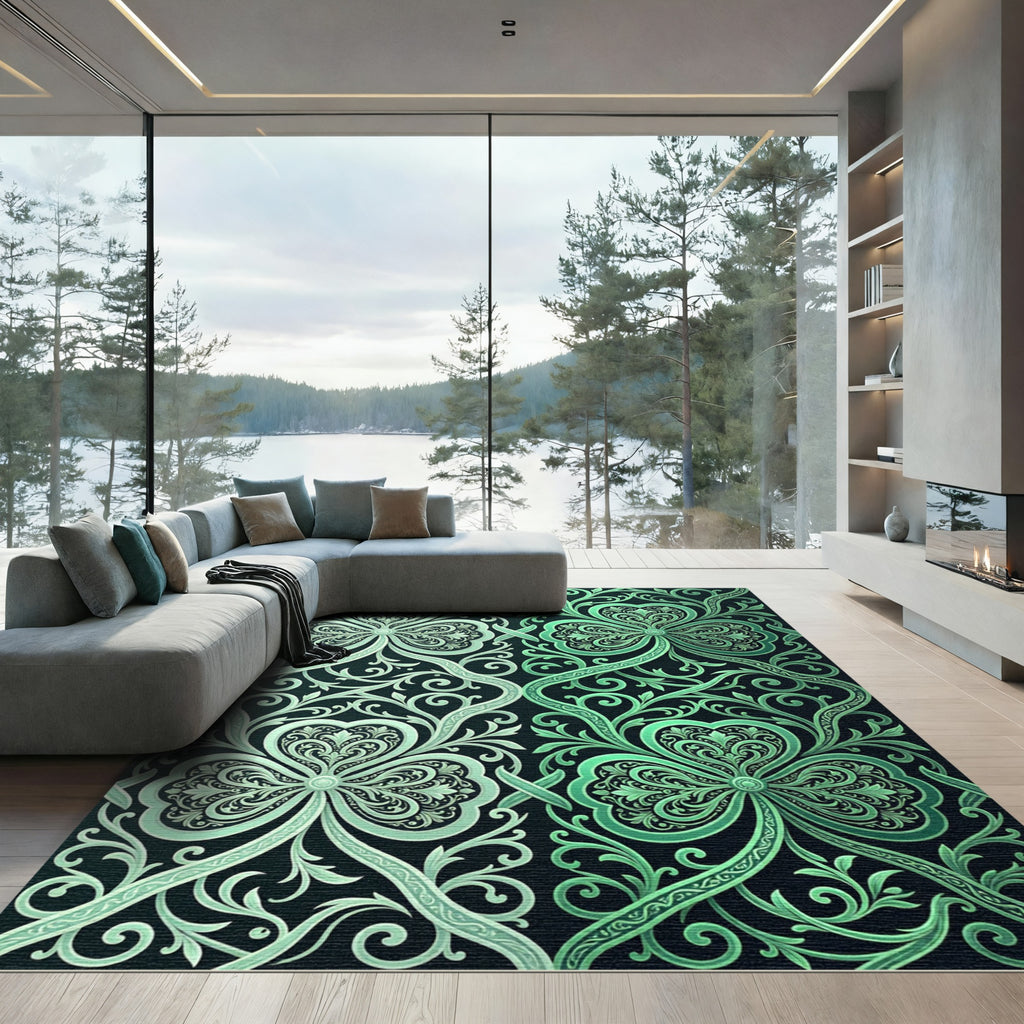 Intricate Emerald Clover Scrollwork Rug