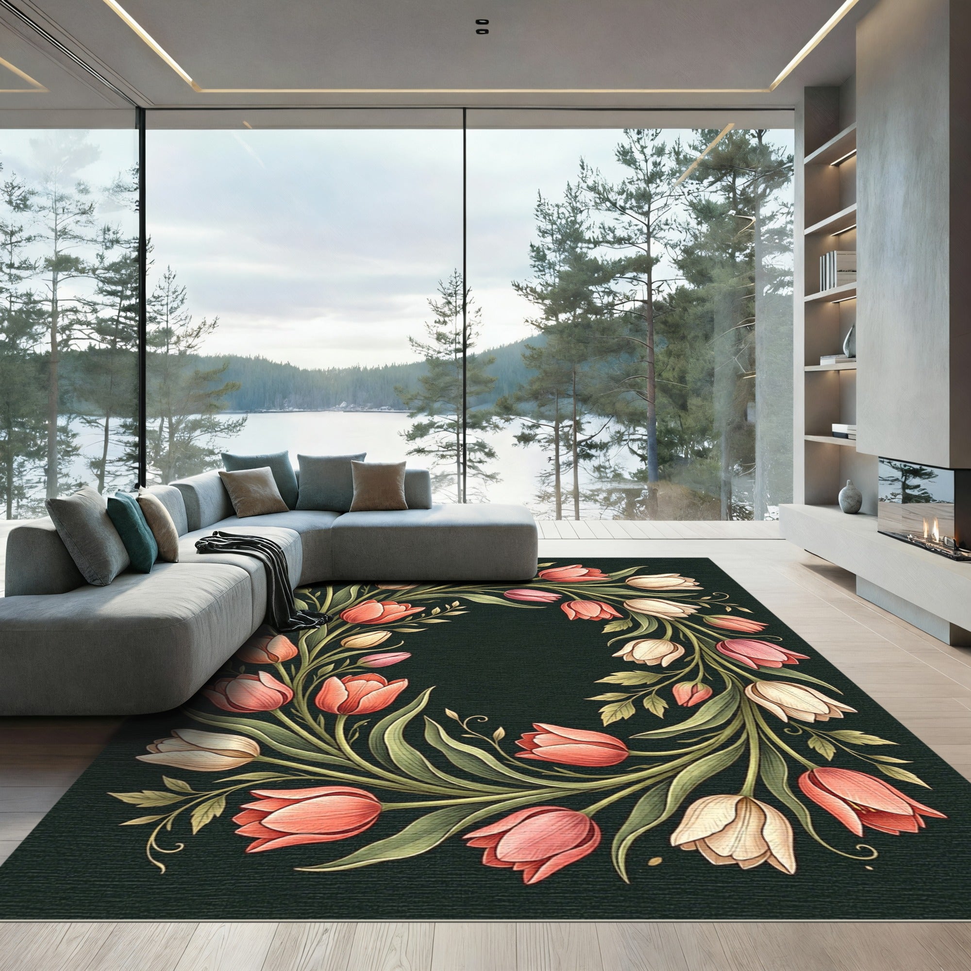 Elegantly Curving Pastel Tulip Wreath Rug