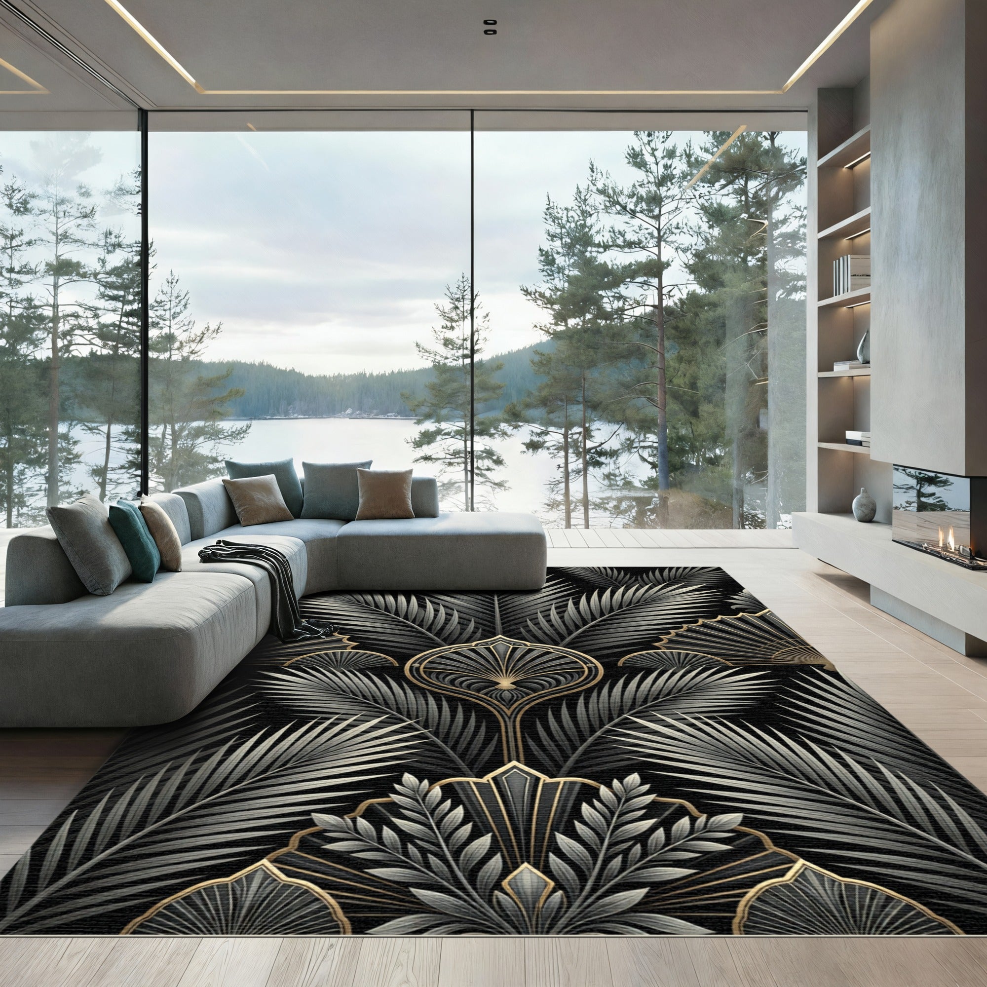 Art Deco Black Gold Palm Leaf Rug