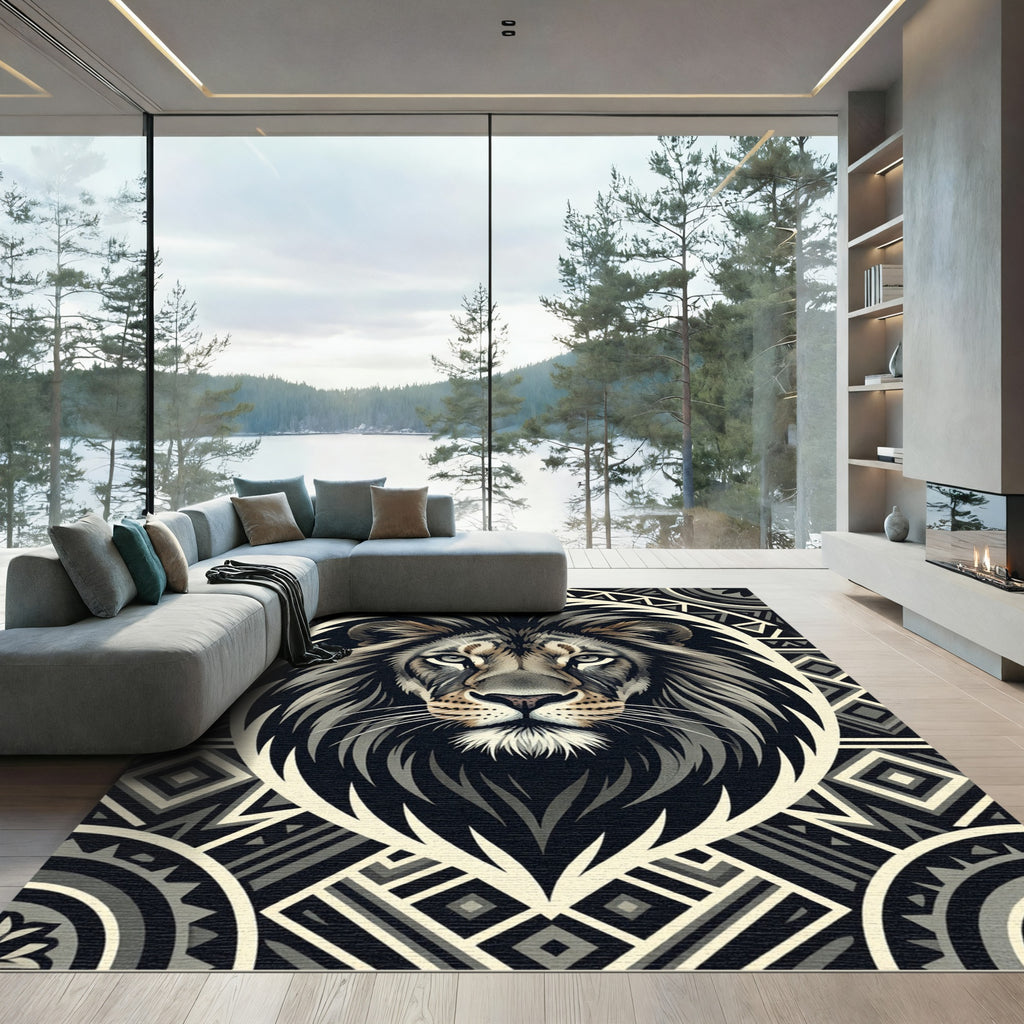 Tribal Majestic Lion Gray Geometric Rug