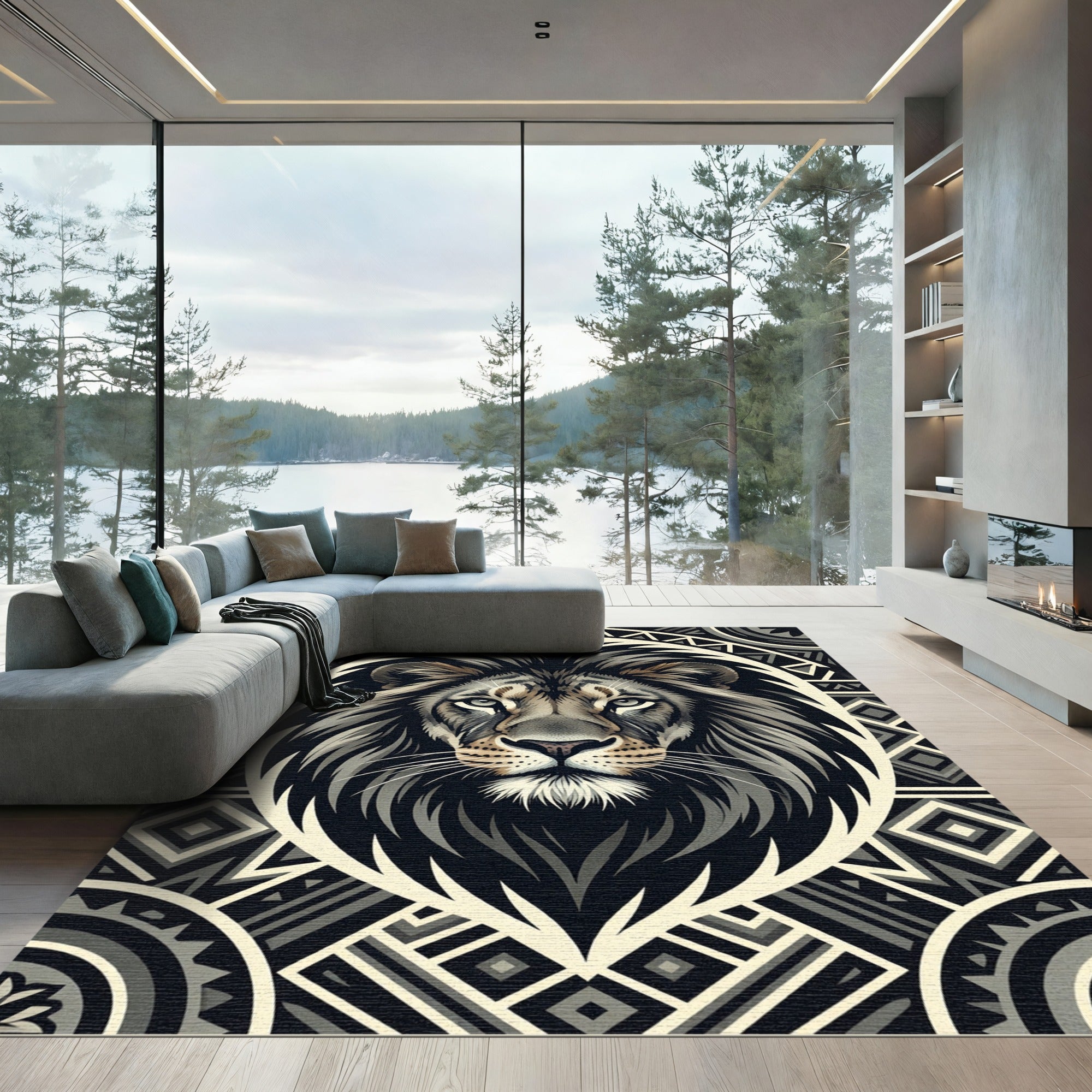 Tribal Majestic Lion Gray Geometric Rug