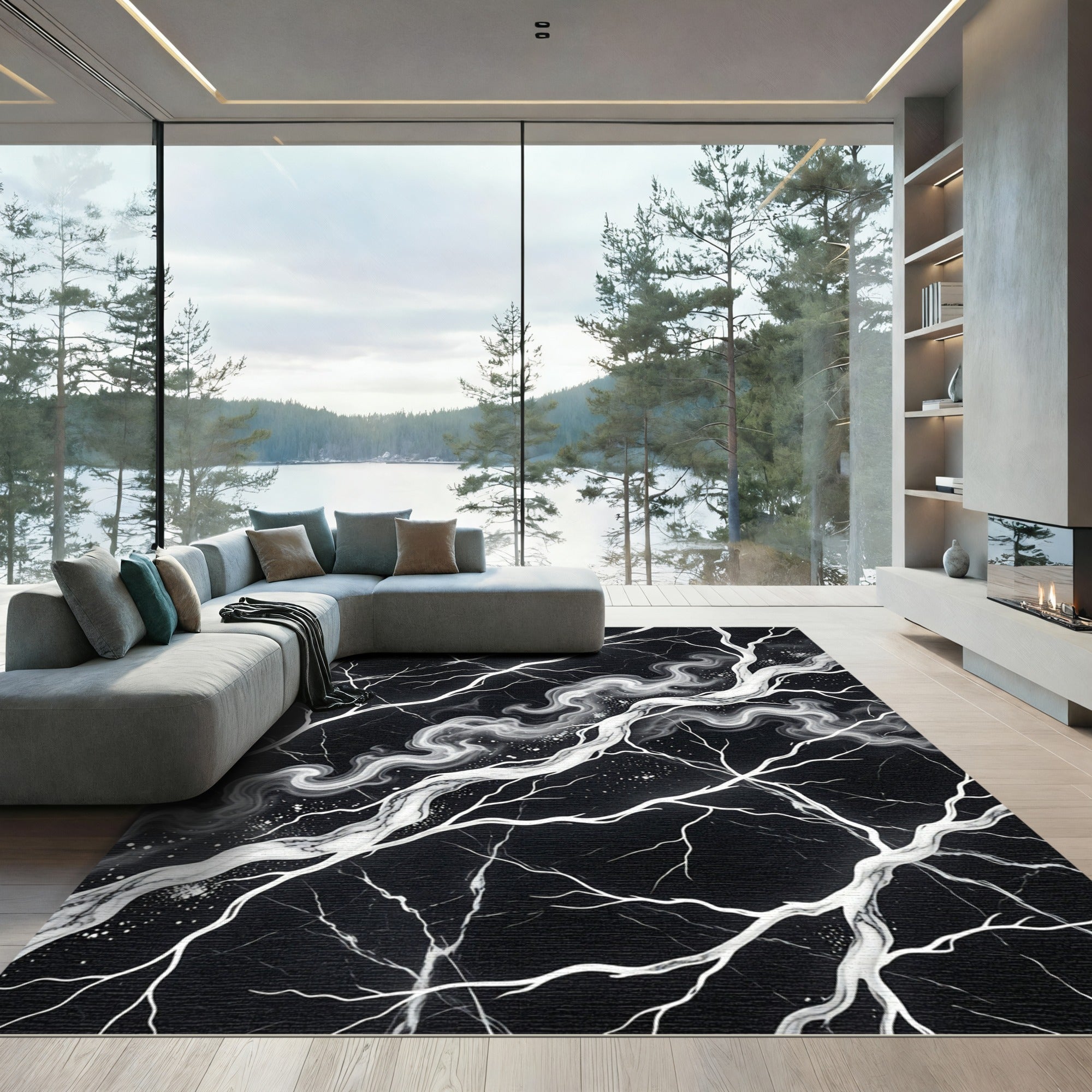 Monochrome Branch Swirl Marble Rug
