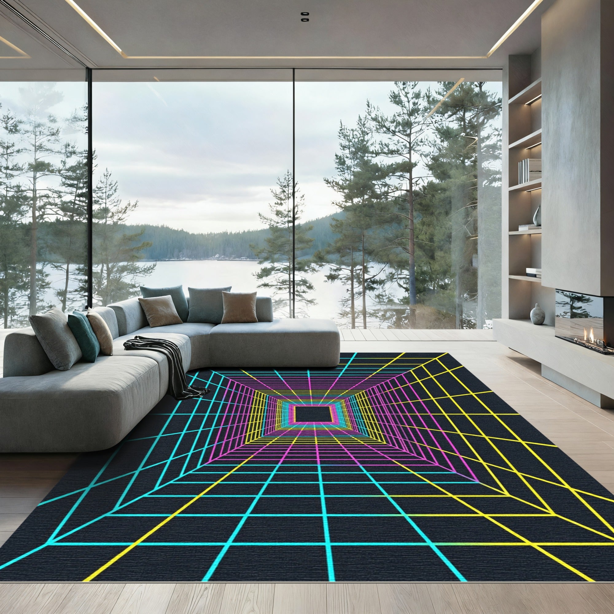 Neon Cyberpunk Grid Tunnel Abstract Rug