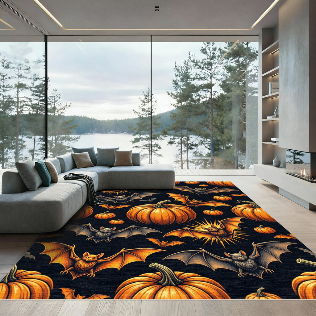 Spooky Halloween Bats and Orange Pumpkins Rug